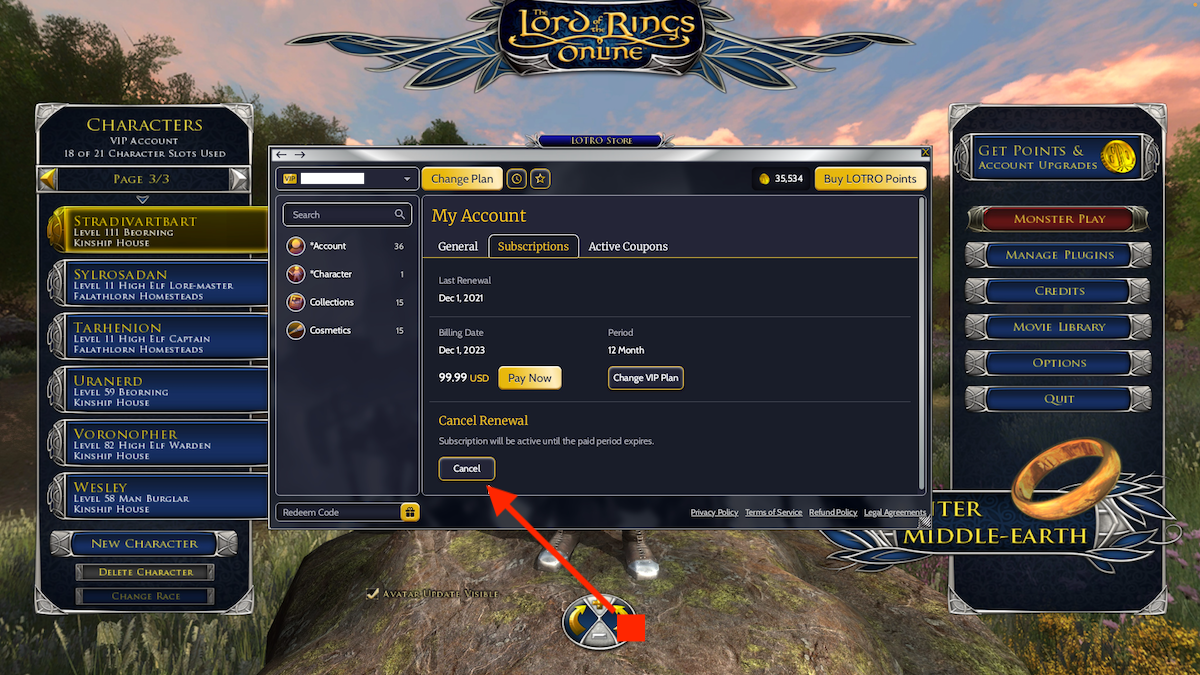 Unable to cancel subscription properly The Lord of the Rings Online